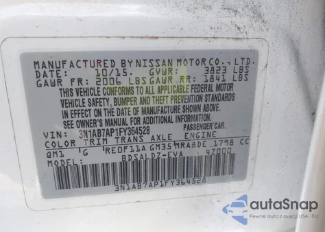 2015 Nissan Sentra Sv z USA, uszkodzony, nr VIN 3N1AB7AP1FY364528